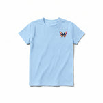Un T-shirt poudre à manches courtes et col rond pour jeune, orné d'un motif représentant un arthropode sur la poitrine gauche.