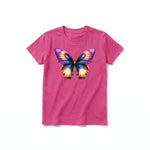 Un T-shirt framboise à manches courtes et col rond pour jeune, orné d'un motif représentant un arthropode sur le devant.