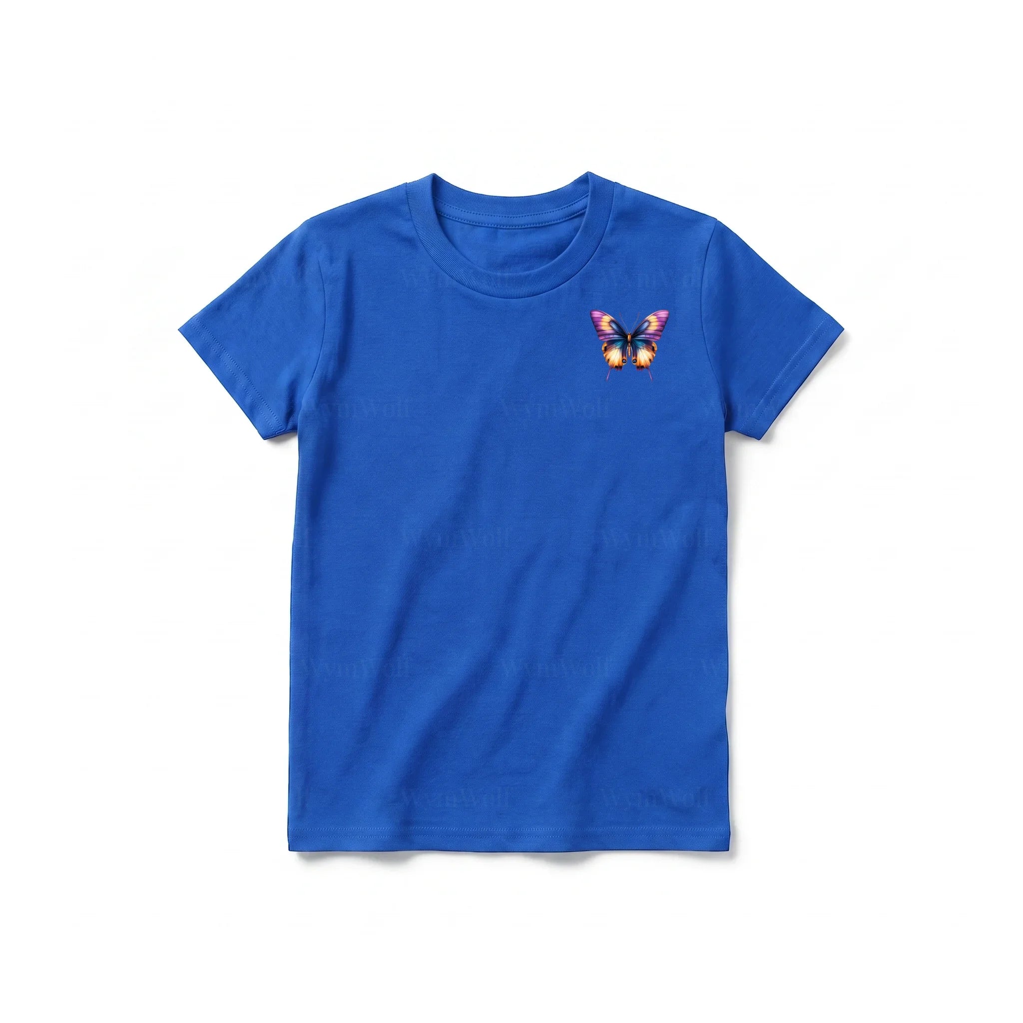 Un T-shirt royal à manches courtes et col rond pour jeune, orné d'un motif représentant un arthropode sur la poitrine gauche.