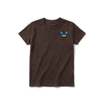 A chocolate short-sleeve crewneck t-shirt for youth featuring a graphic of a arthropods animal on the left chest.