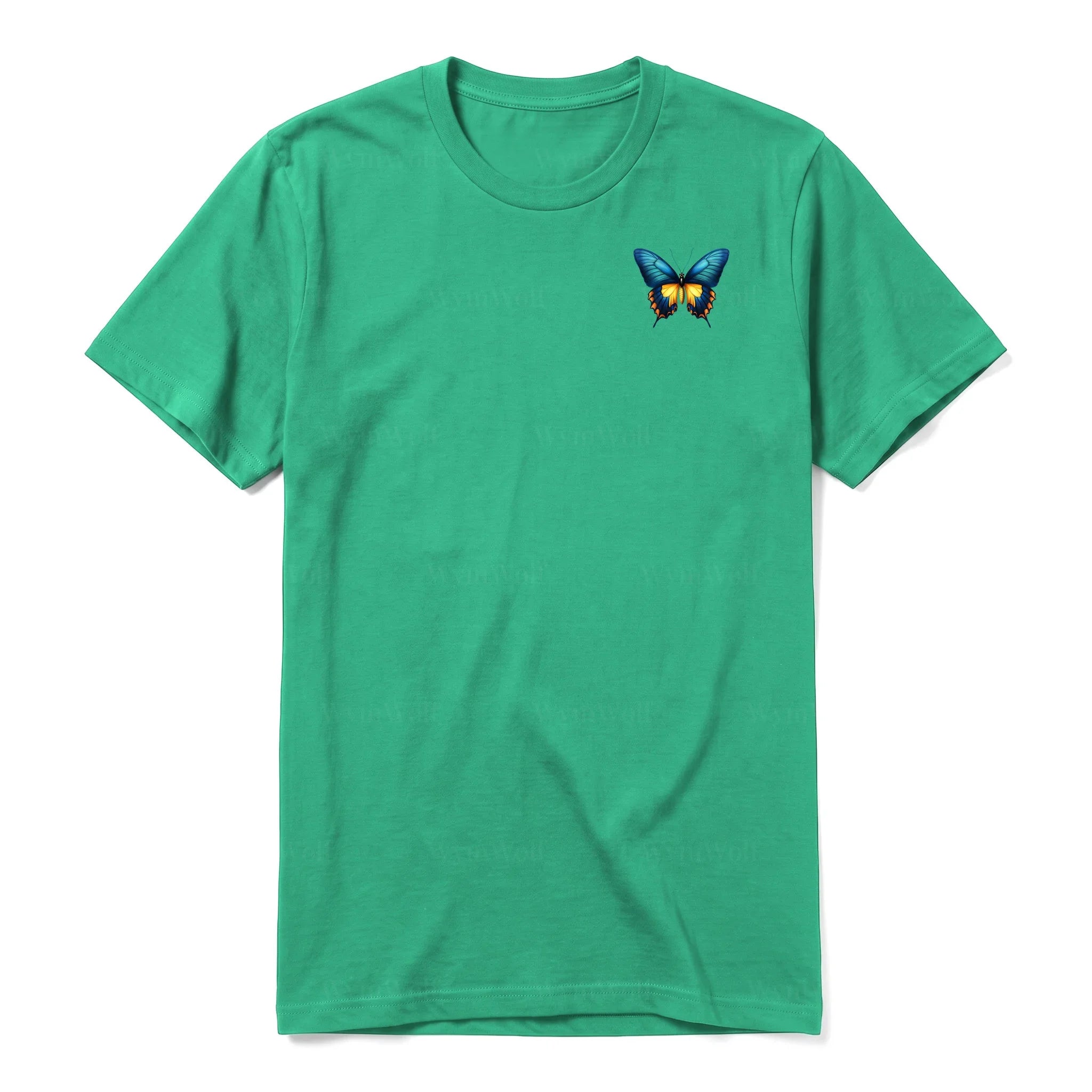 Un T-shirt kelly à manches courtes et col rond, orné d'un motif représentant un arthropod sur la poitrine gauche.