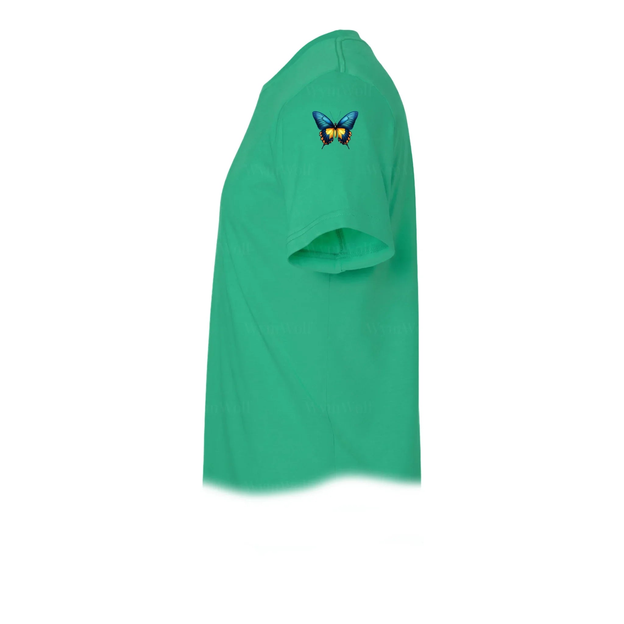 Un T-shirt kelly à manches courtes et col rond, orné d'un motif représentant un arthropode sur le haut de la manche gauche.