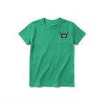 Un T-shirt kelly à manches courtes et col rond pour jeune, orné d'un motif représentant un arthropode sur la poitrine gauche.