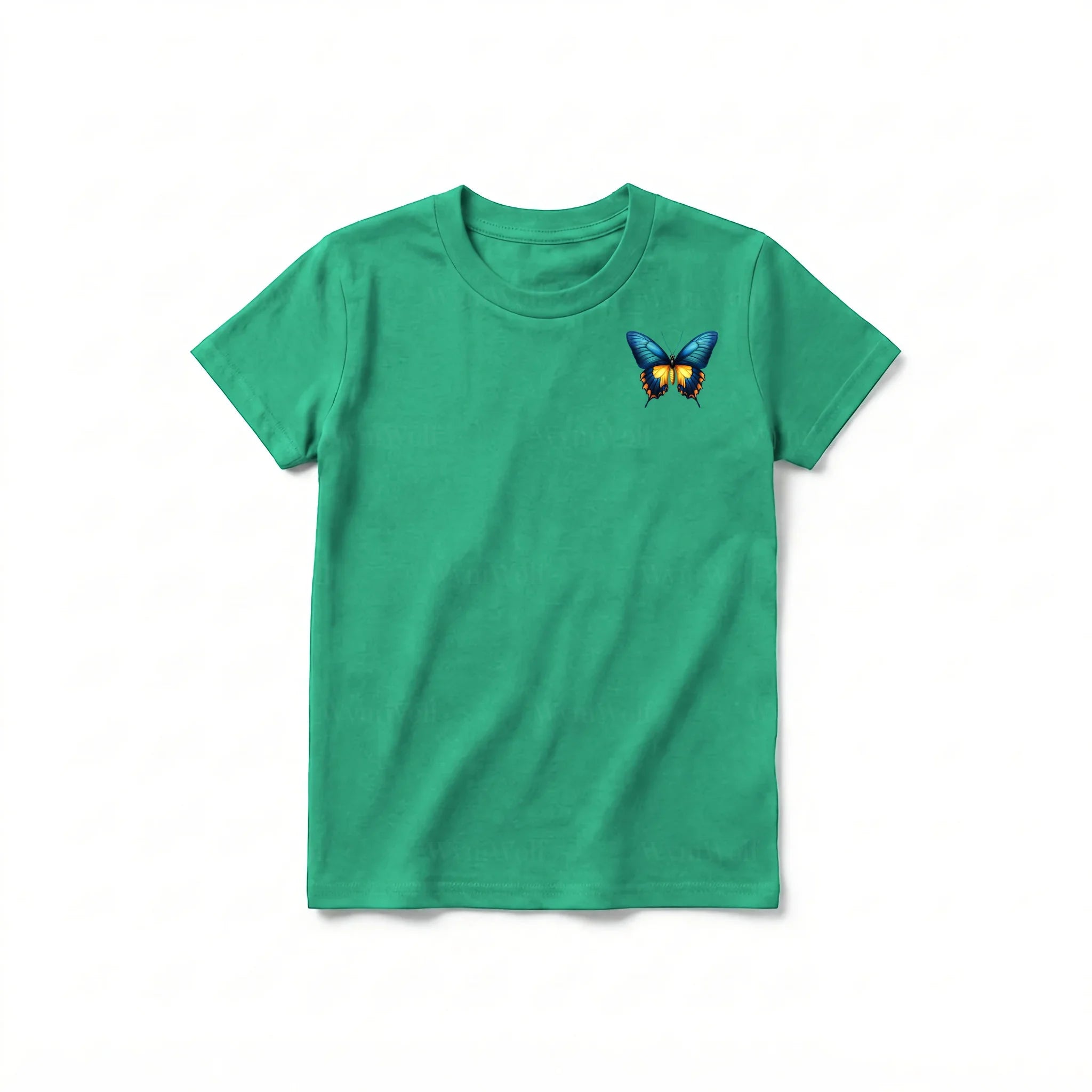 Un T-shirt kelly à manches courtes et col rond pour jeune, orné d'un motif représentant un arthropode sur la poitrine gauche.