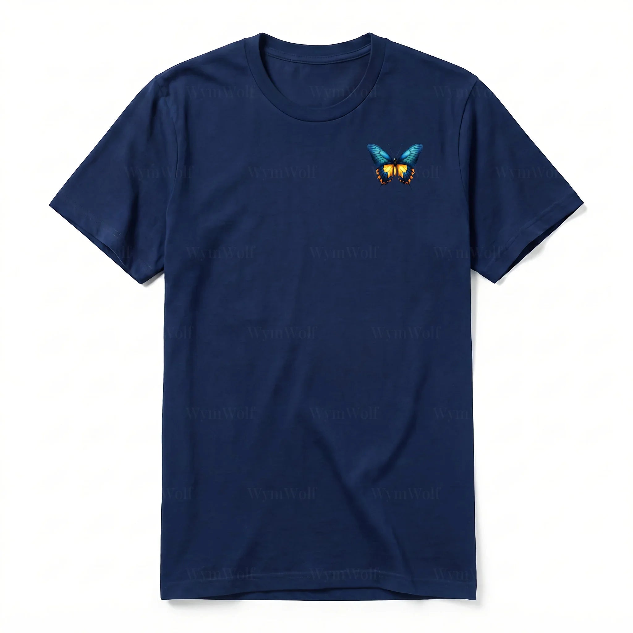 Un T-shirt marine à manches courtes et col rond, orné d'un motif représentant un arthropod sur la poitrine gauche.