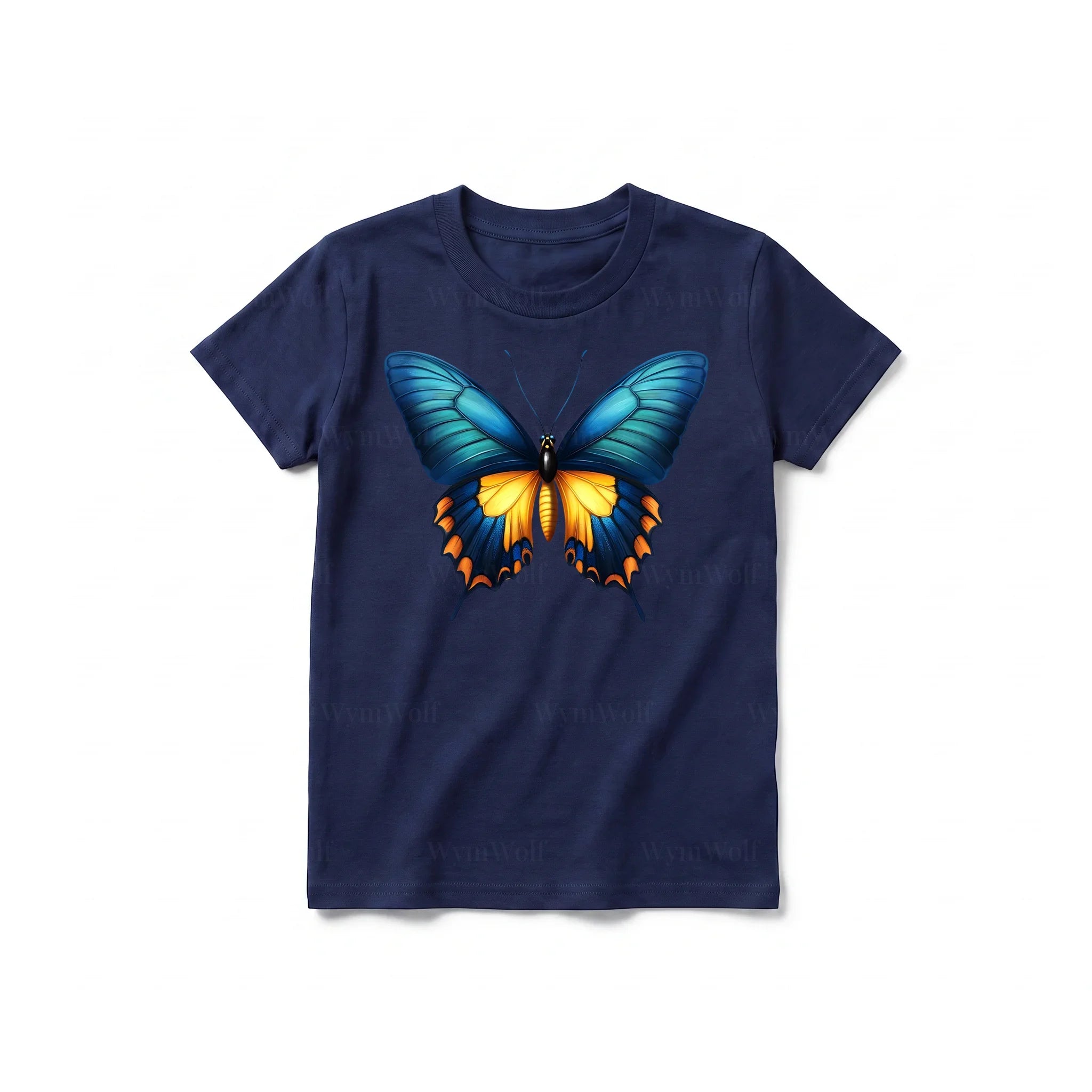 Un T-shirt marine à manches courtes et col rond pour jeune, orné d'un motif représentant un arthropode sur le devant.