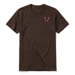 A chocolate short-sleeve crewneck t-shirt for adult featuring a graphic of a arthropods animal on the left chest.