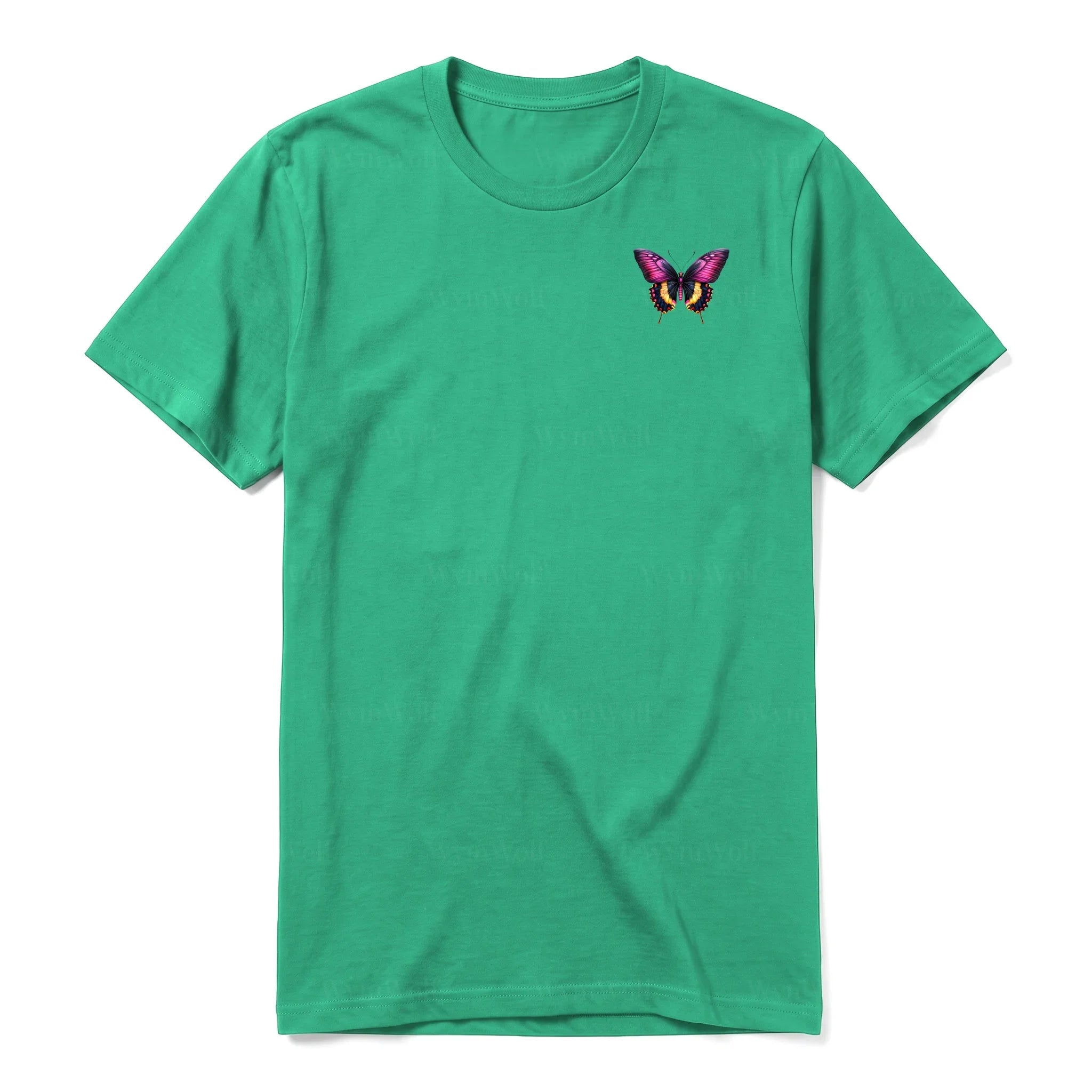 Un T-shirt kelly à manches courtes et col rond, orné d'un motif représentant un arthropod sur la poitrine gauche.