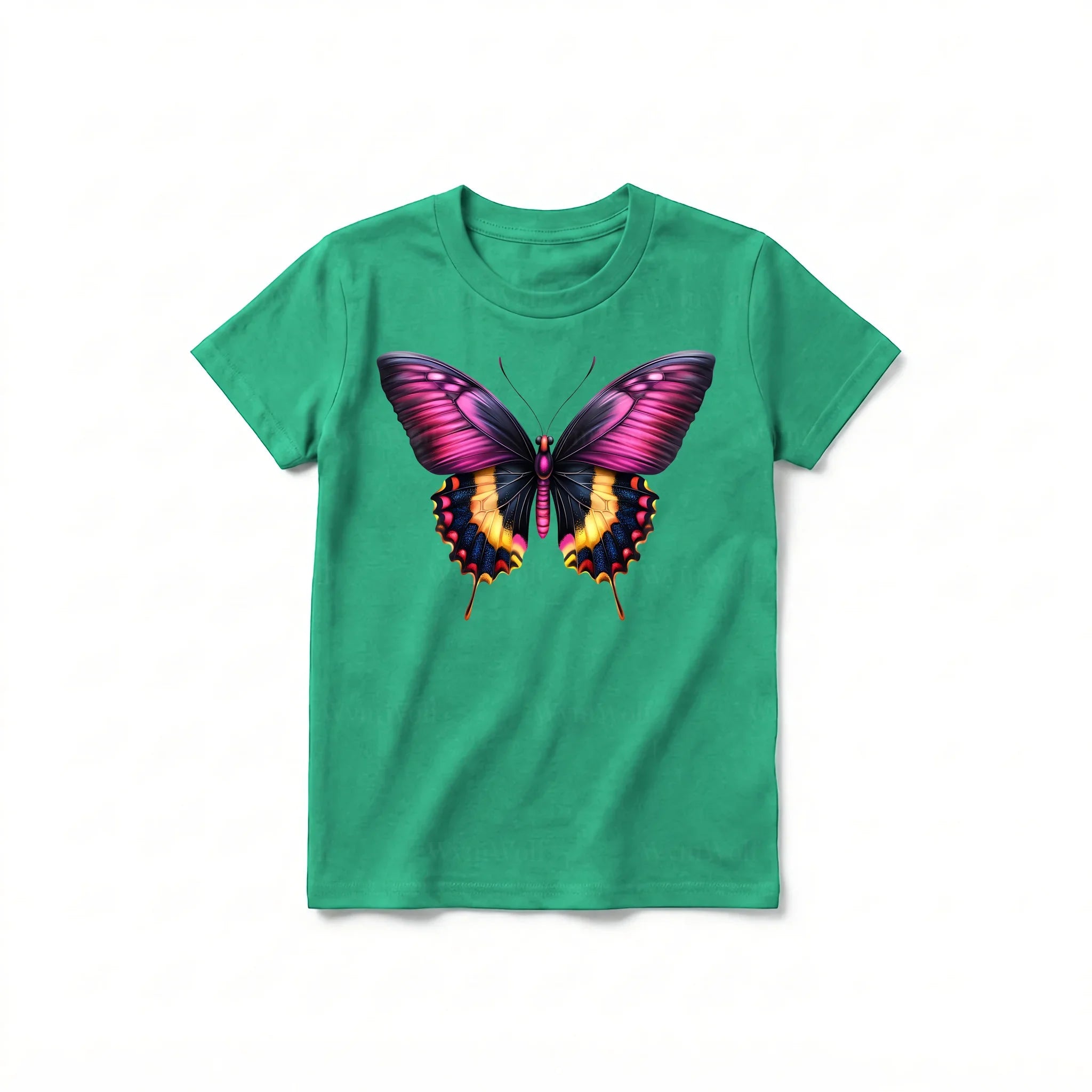Un T-shirt kelly à manches courtes et col rond pour jeune, orné d'un motif représentant un arthropode sur le devant.