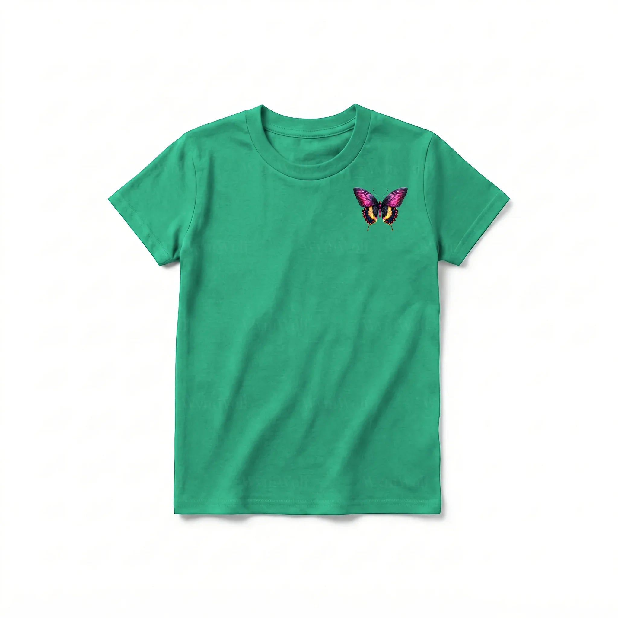 Un T-shirt kelly à manches courtes et col rond pour jeune, orné d'un motif représentant un arthropode sur la poitrine gauche.