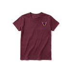 A maroon short-sleeve crewneck t-shirt for youth featuring a graphic of a arthropods animal on the left chest.