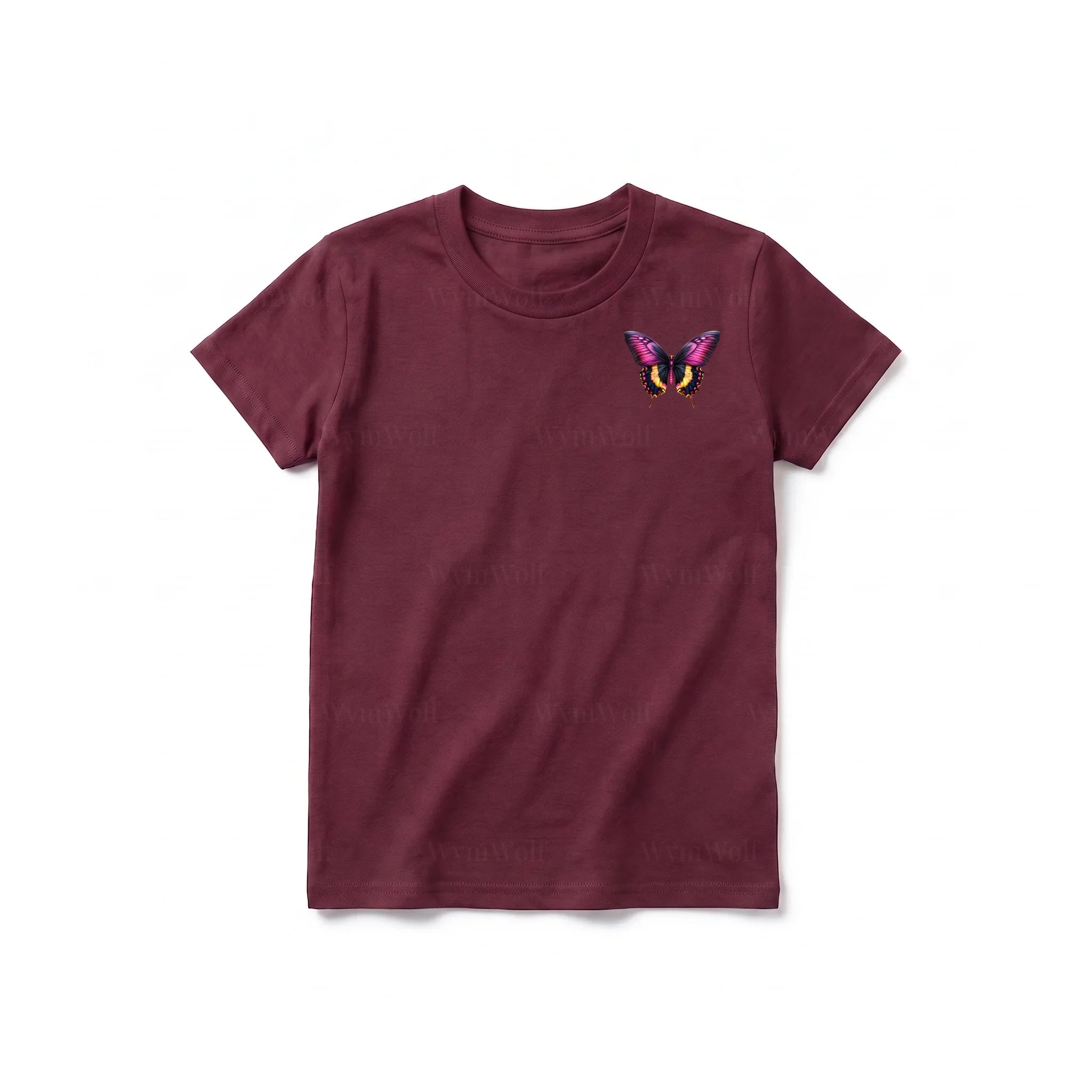 A maroon short-sleeve crewneck t-shirt for youth featuring a graphic of a arthropods animal on the left chest.