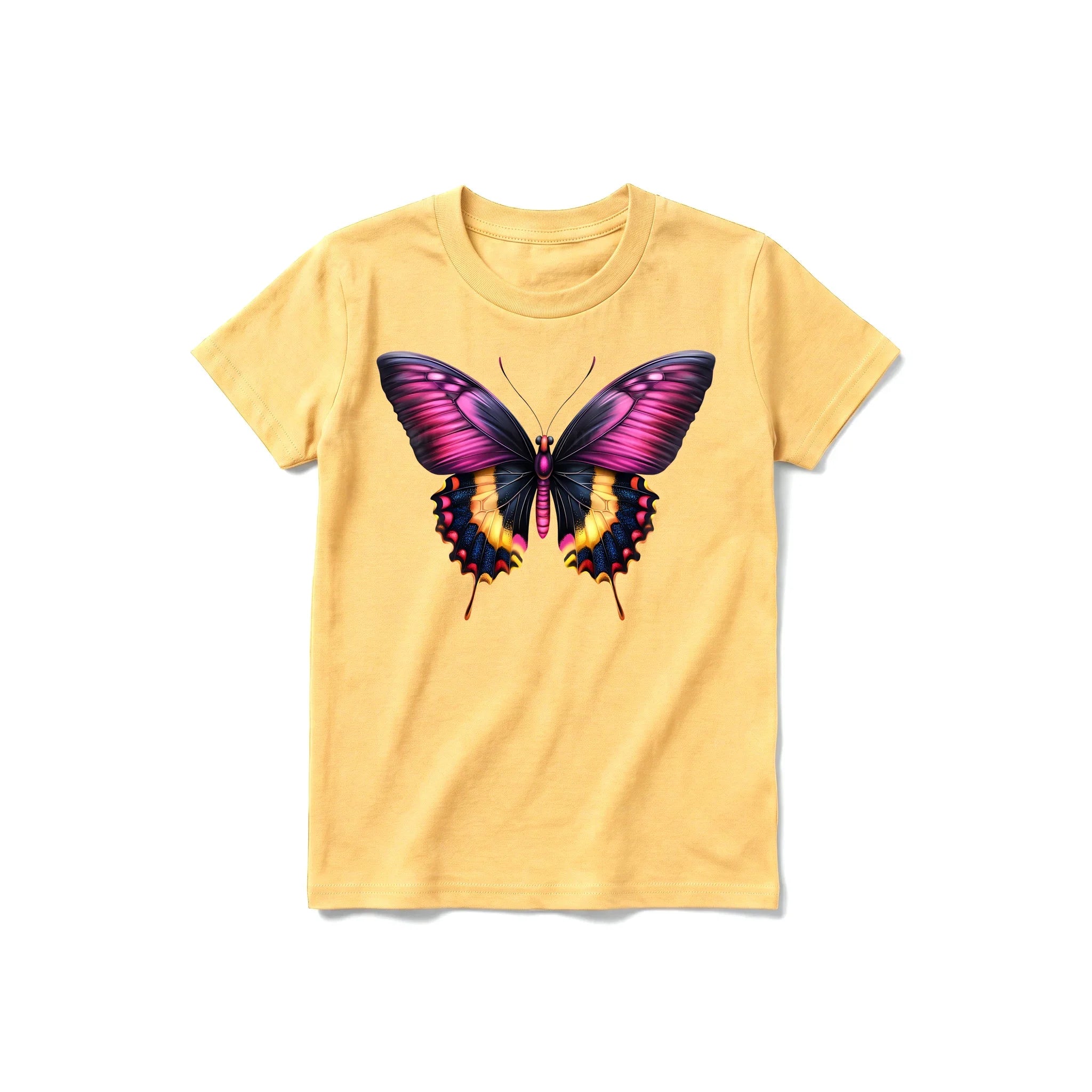 Un T-shirt moutarde à manches courtes et col rond pour jeune, orné d'un motif représentant un arthropode sur le devant.