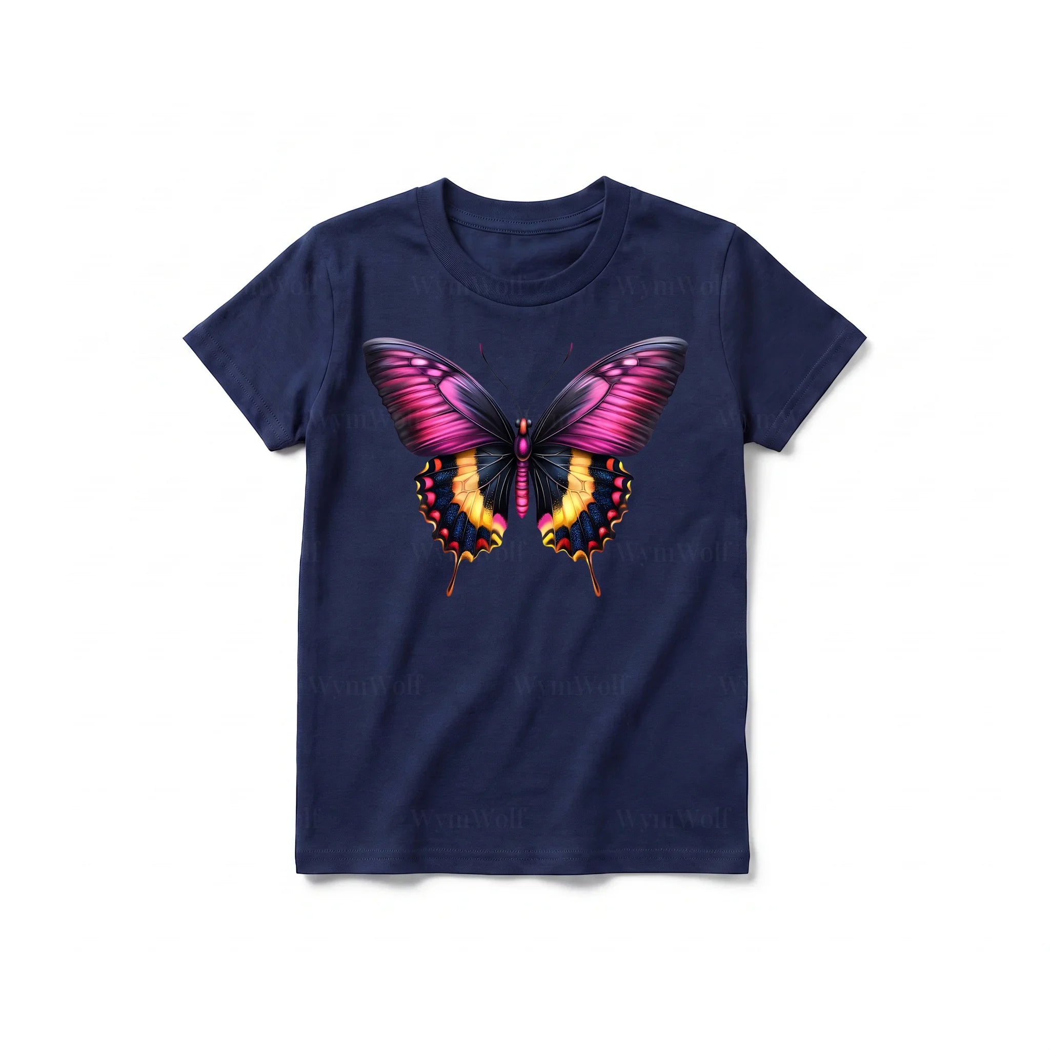 Un T-shirt marine à manches courtes et col rond pour jeune, orné d'un motif représentant un arthropode sur le devant.