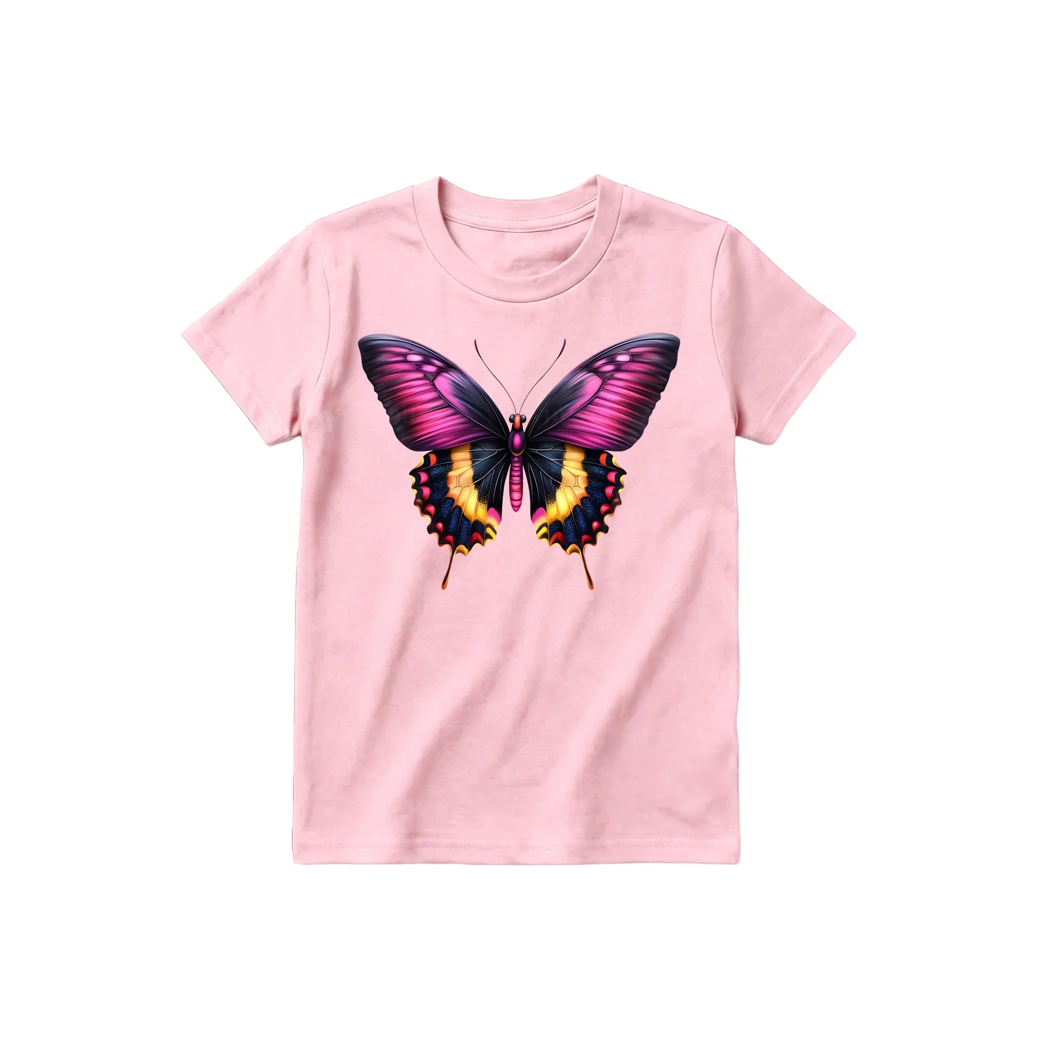 A pink short-sleeve crewneck t-shirt for youth featuring a graphic of a arthropods animal on the front.