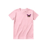 A pink short-sleeve crewneck t-shirt for youth featuring a graphic of a arthropods animal on the left chest.