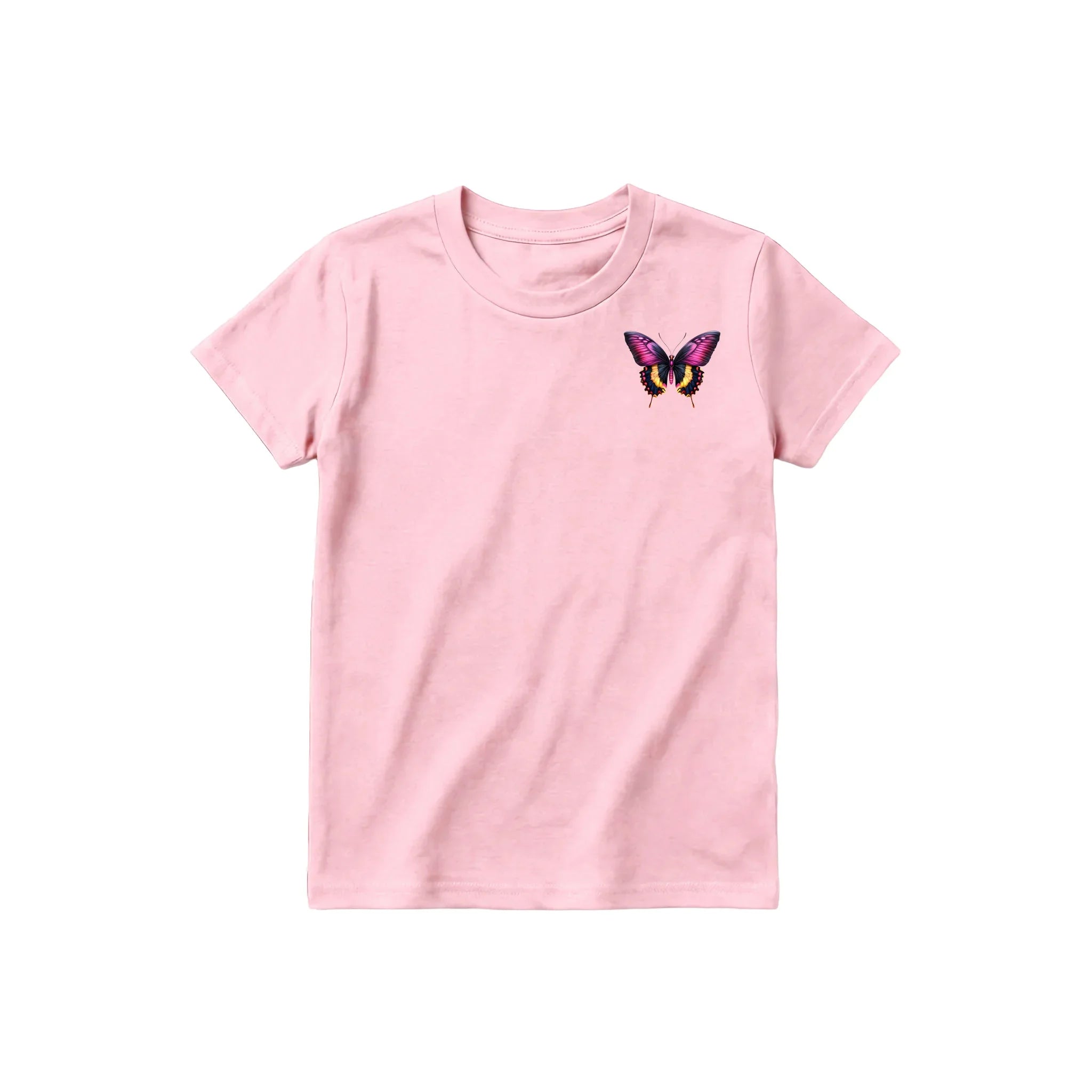 A pink short-sleeve crewneck t-shirt for youth featuring a graphic of a arthropods animal on the left chest.