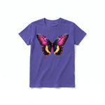 Un T-shirt violet à manches courtes et col rond pour jeune, orné d'un motif représentant un arthropode sur le devant.
