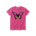 Un T-shirt framboise à manches courtes et col rond pour jeune, orné d'un motif représentant un arthropode sur le devant.