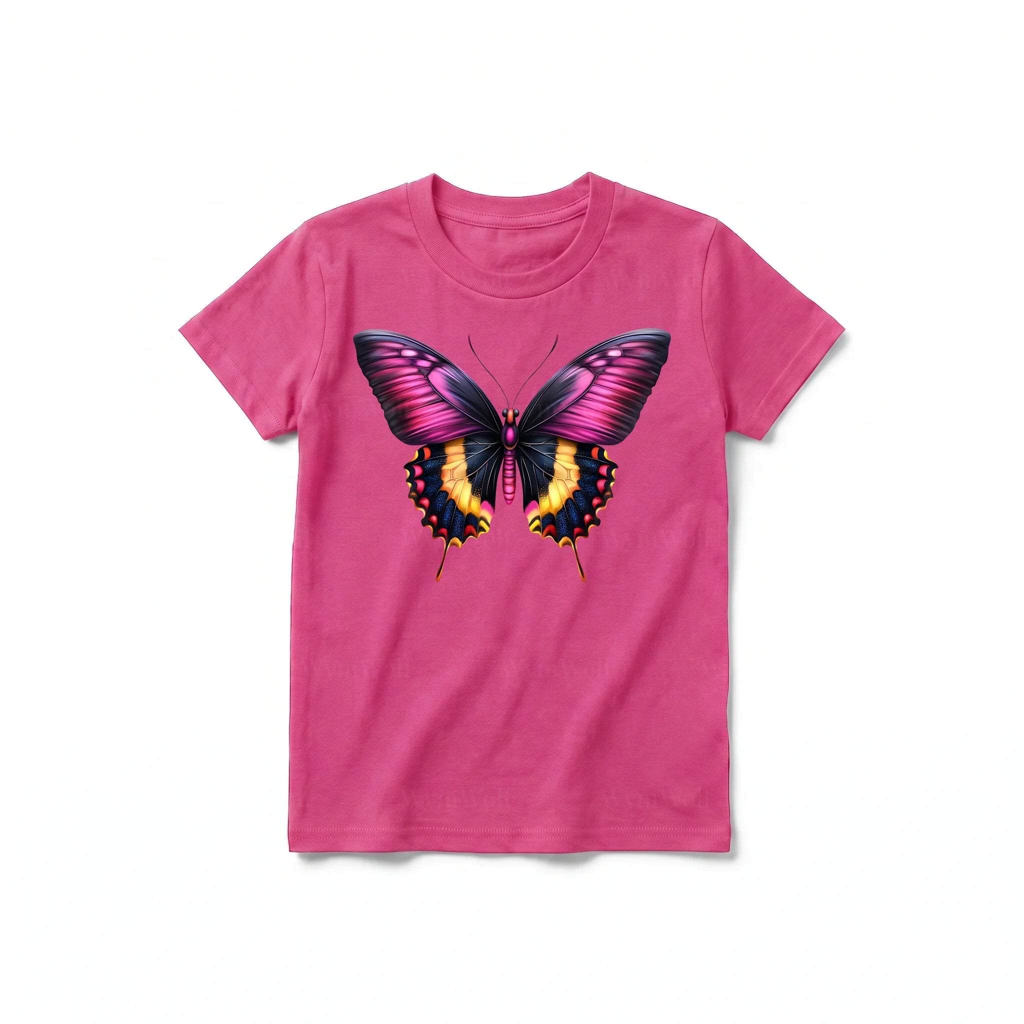 Un T-shirt framboise à manches courtes et col rond pour jeune, orné d'un motif représentant un arthropode sur le devant.