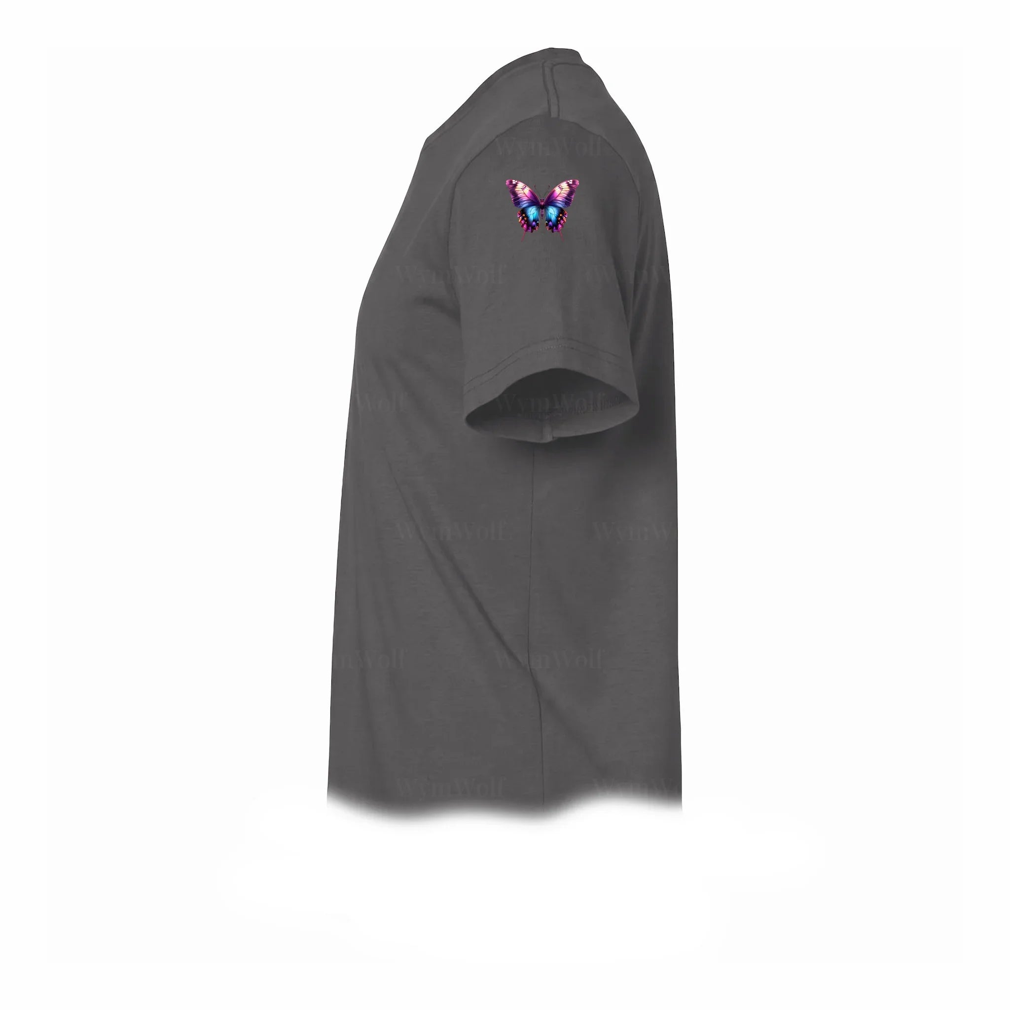 Un T-shirt charbon à manches courtes et col rond, orné d'un motif représentant un arthropode sur le haut de la manche gauche.
