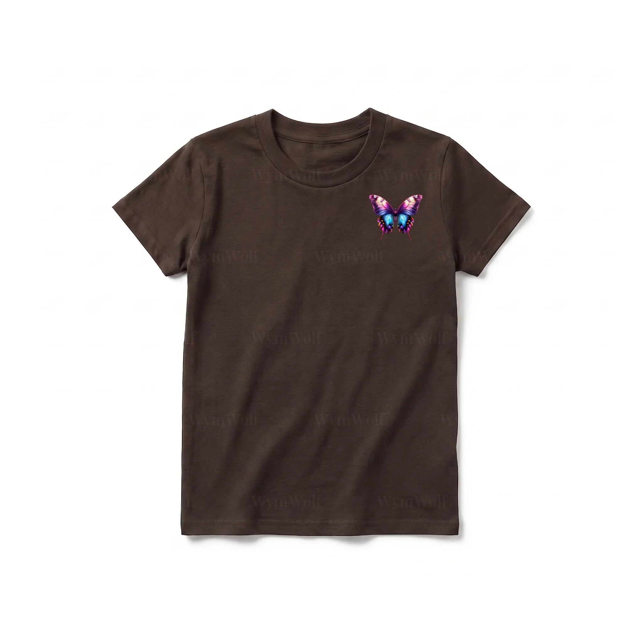 Un T-shirt chocolat à manches courtes et col rond pour jeune, orné d'un motif représentant un arthropode sur la poitrine gauche.