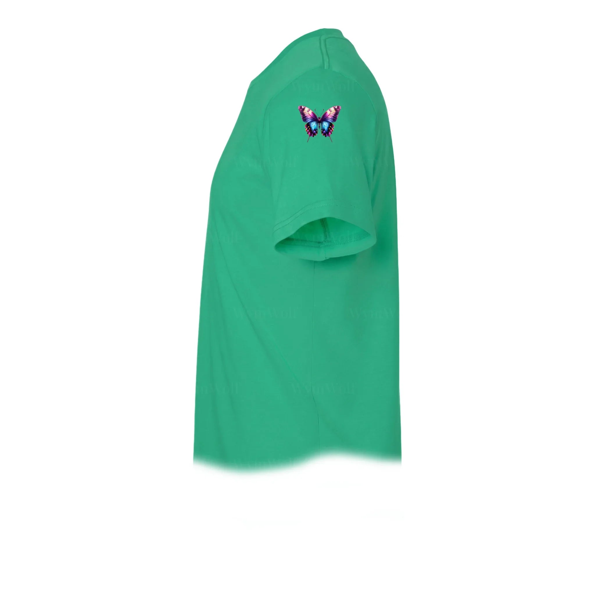 Un T-shirt kelly à manches courtes et col rond, orné d'un motif représentant un arthropode sur le haut de la manche gauche.