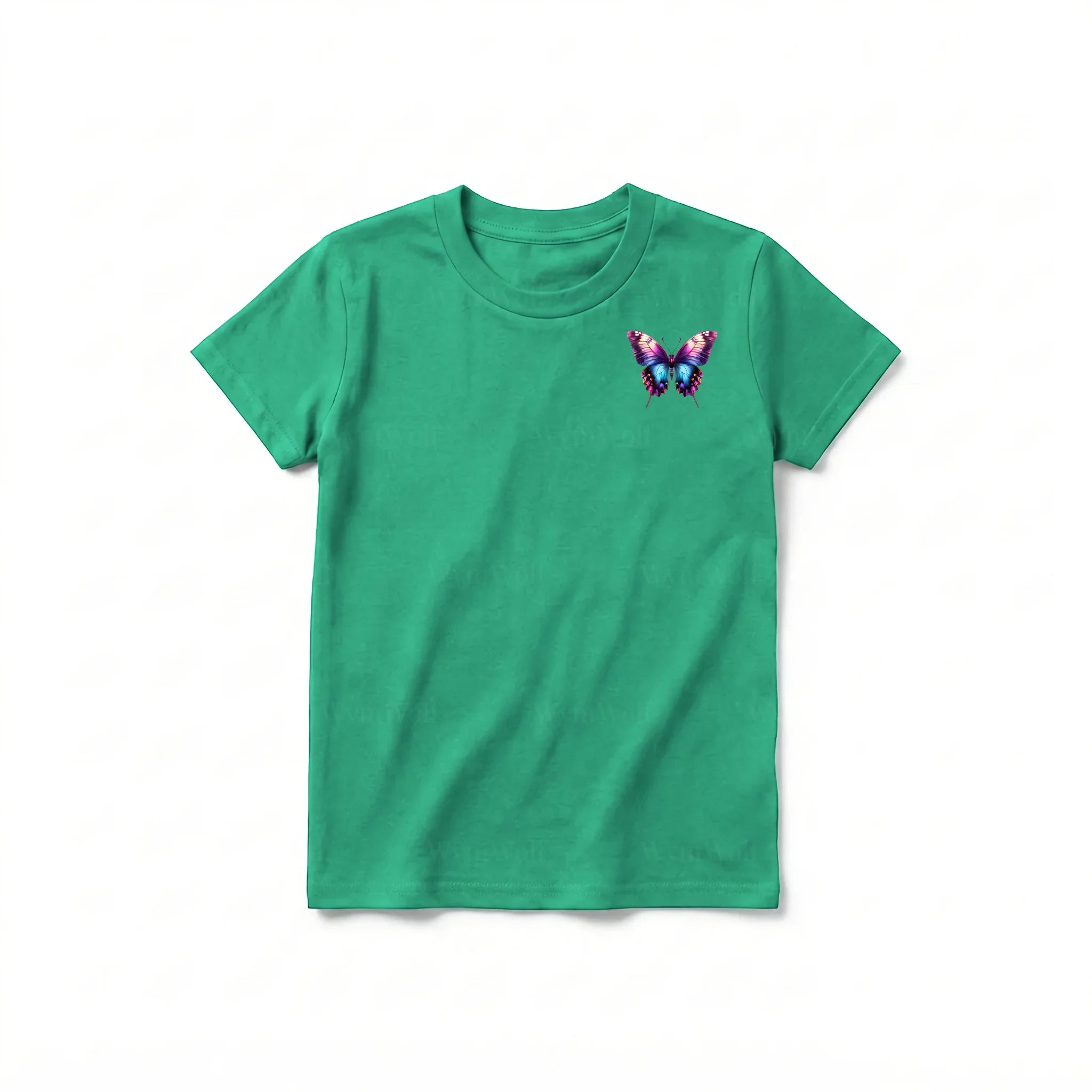 Un T-shirt kelly à manches courtes et col rond pour jeune, orné d'un motif représentant un arthropode sur la poitrine gauche.