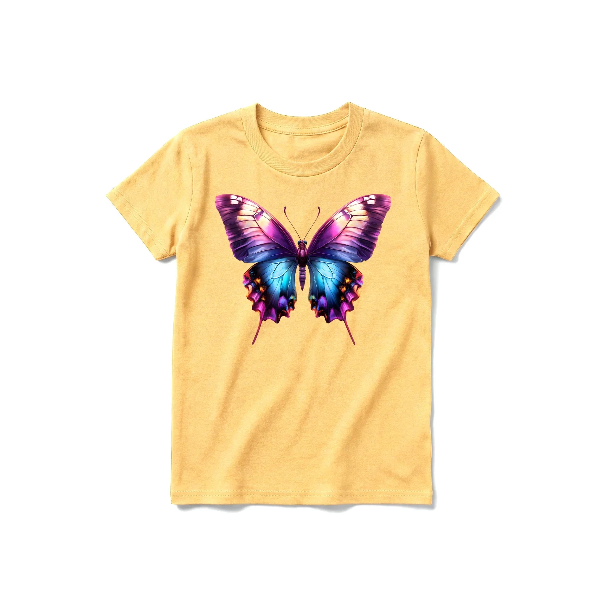 Un T-shirt moutarde à manches courtes et col rond pour jeune, orné d'un motif représentant un arthropode sur le devant.
