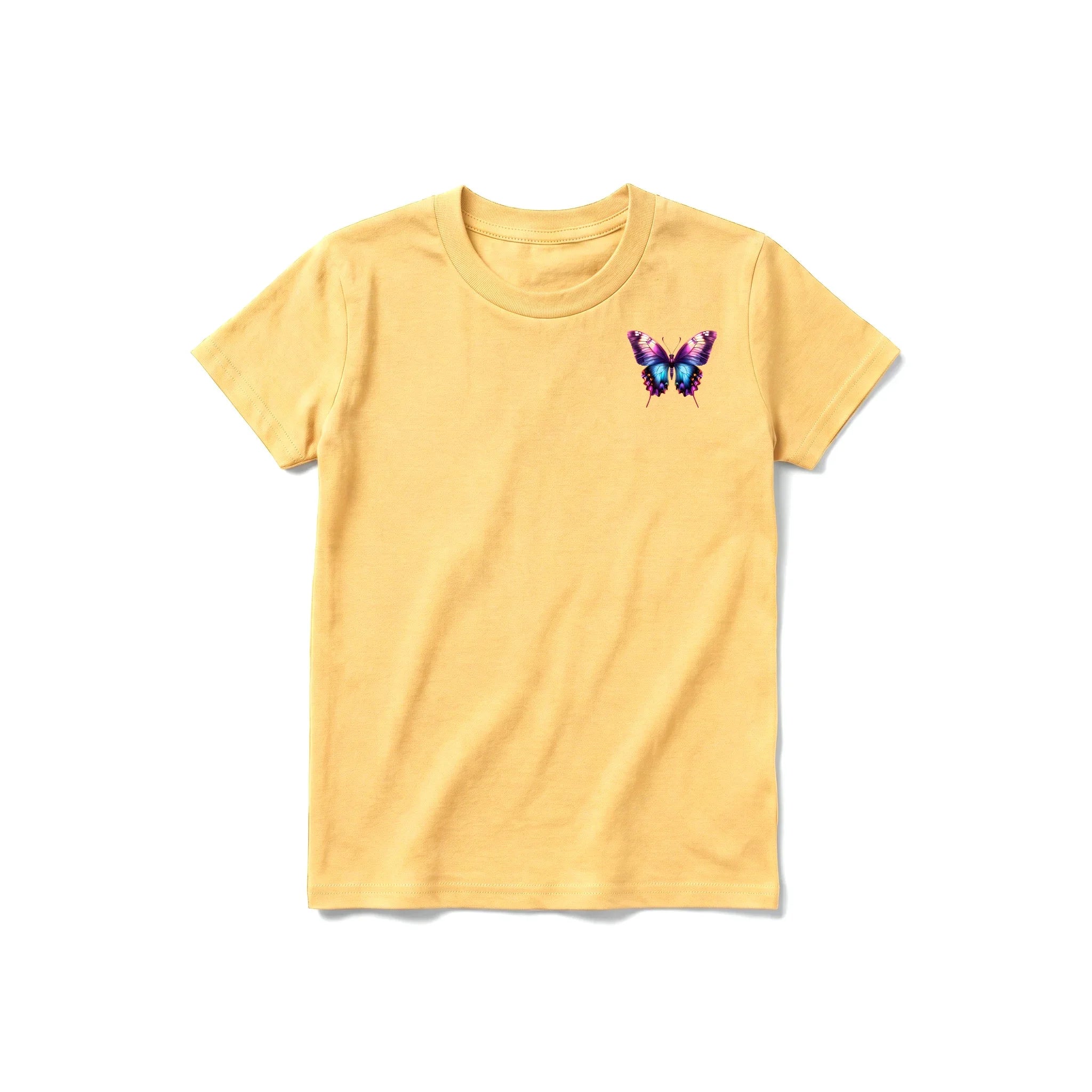 Un T-shirt moutarde à manches courtes et col rond pour jeune, orné d'un motif représentant un arthropode sur la poitrine gauche.