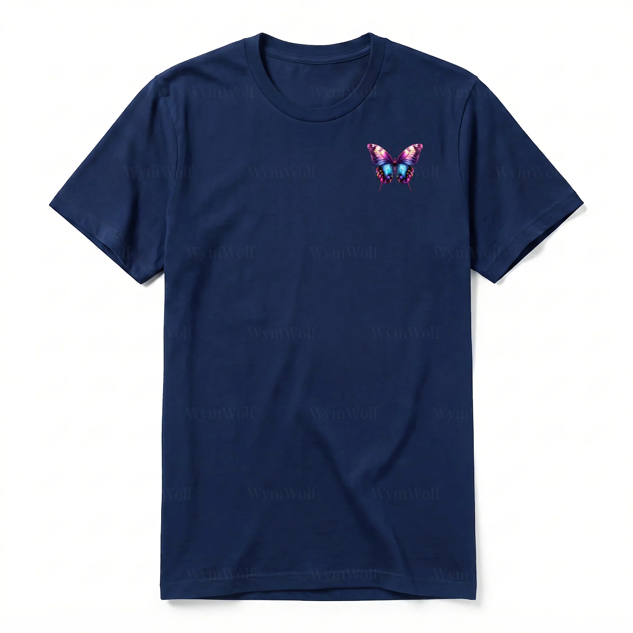 Un T-shirt marine à manches courtes et col rond, orné d'un motif représentant un arthropod sur la poitrine gauche.