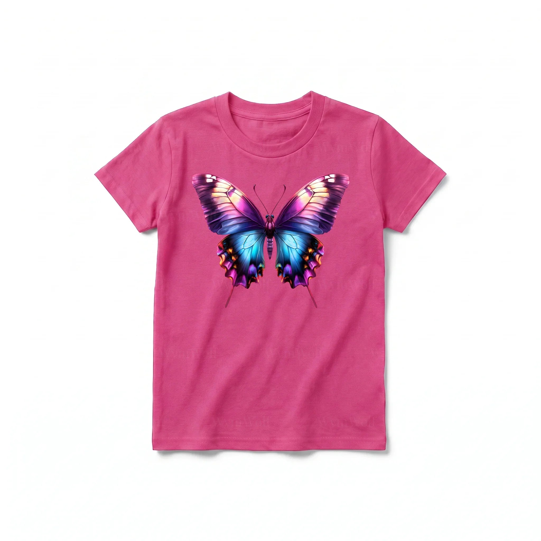 Un T-shirt framboise à manches courtes et col rond pour jeune, orné d'un motif représentant un arthropode sur le devant.