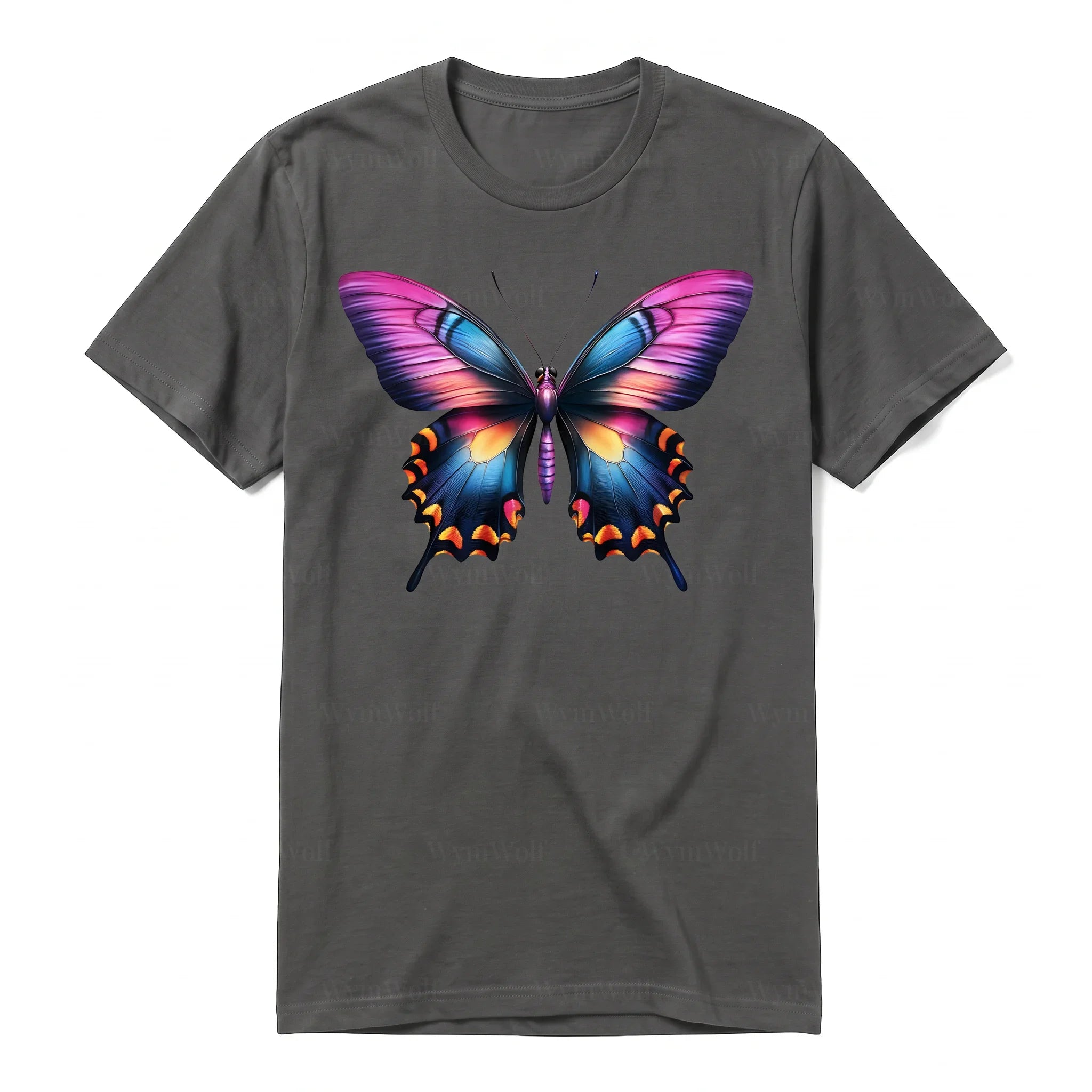 Un T-shirt charbon à manches courtes et col rond, orné d'un motif représentant un arthropod sur le devant.