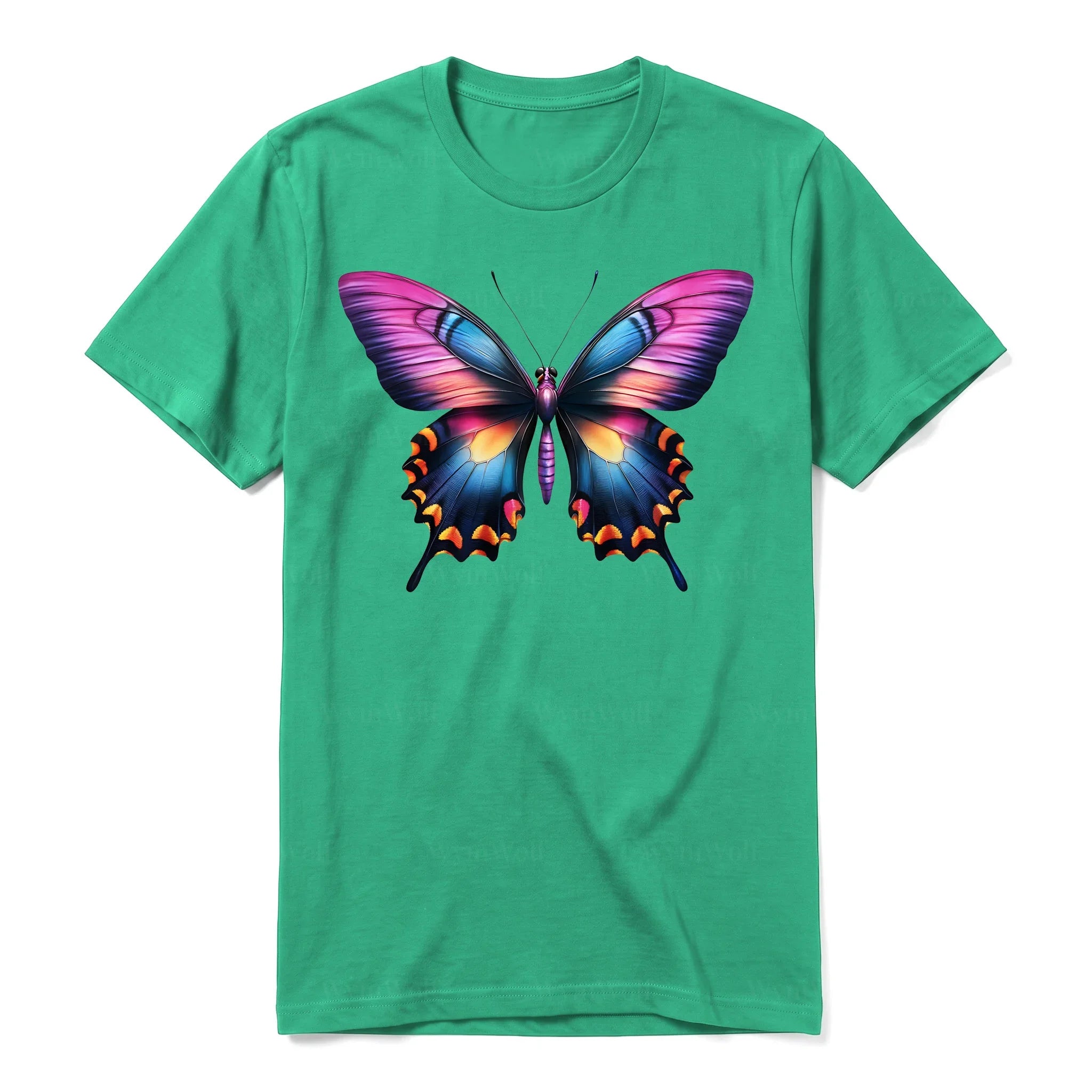 Un T-shirt kelly à manches courtes et col rond, orné d'un motif représentant un arthropod sur le devant.