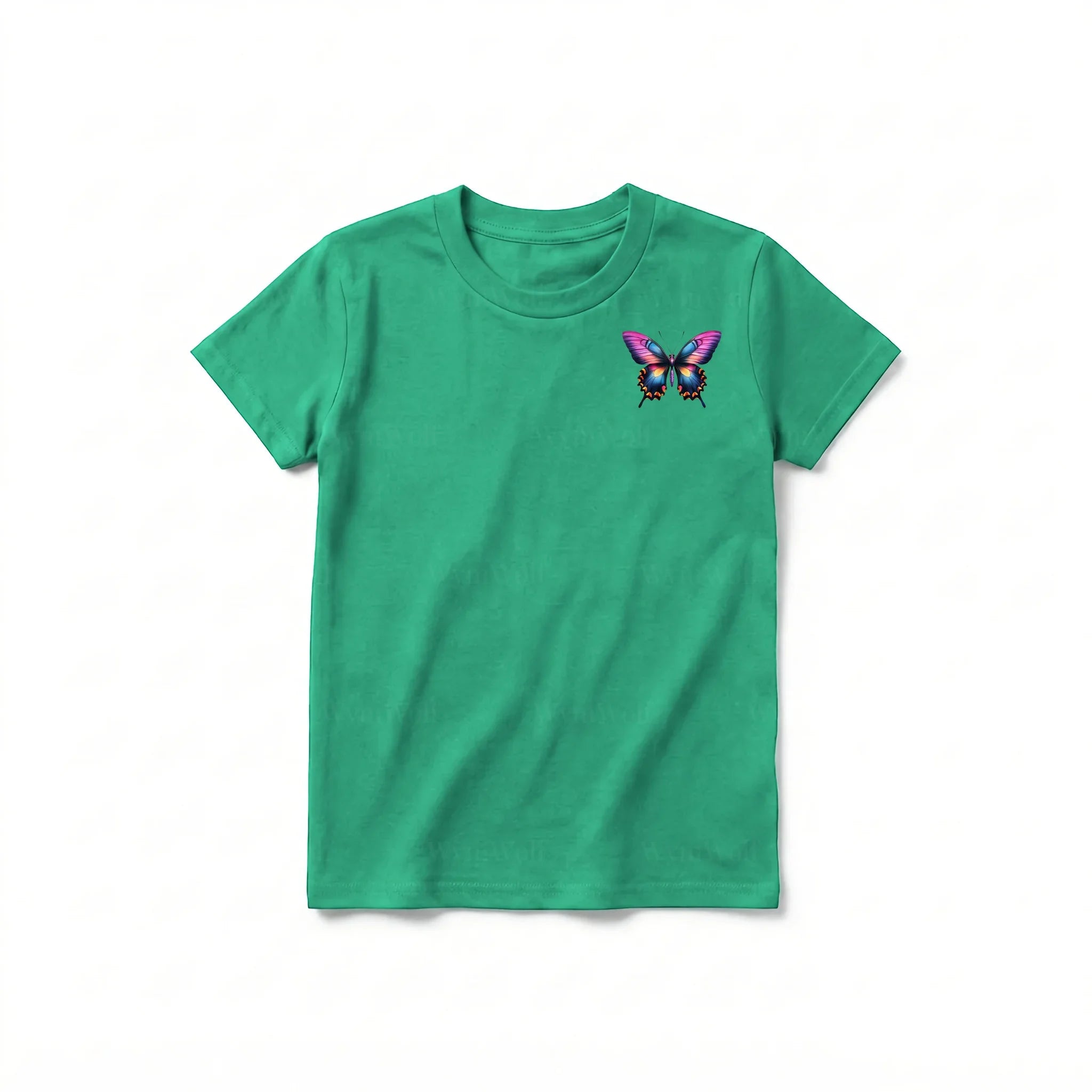 Un T-shirt kelly à manches courtes et col rond pour jeune, orné d'un motif représentant un arthropode sur la poitrine gauche.