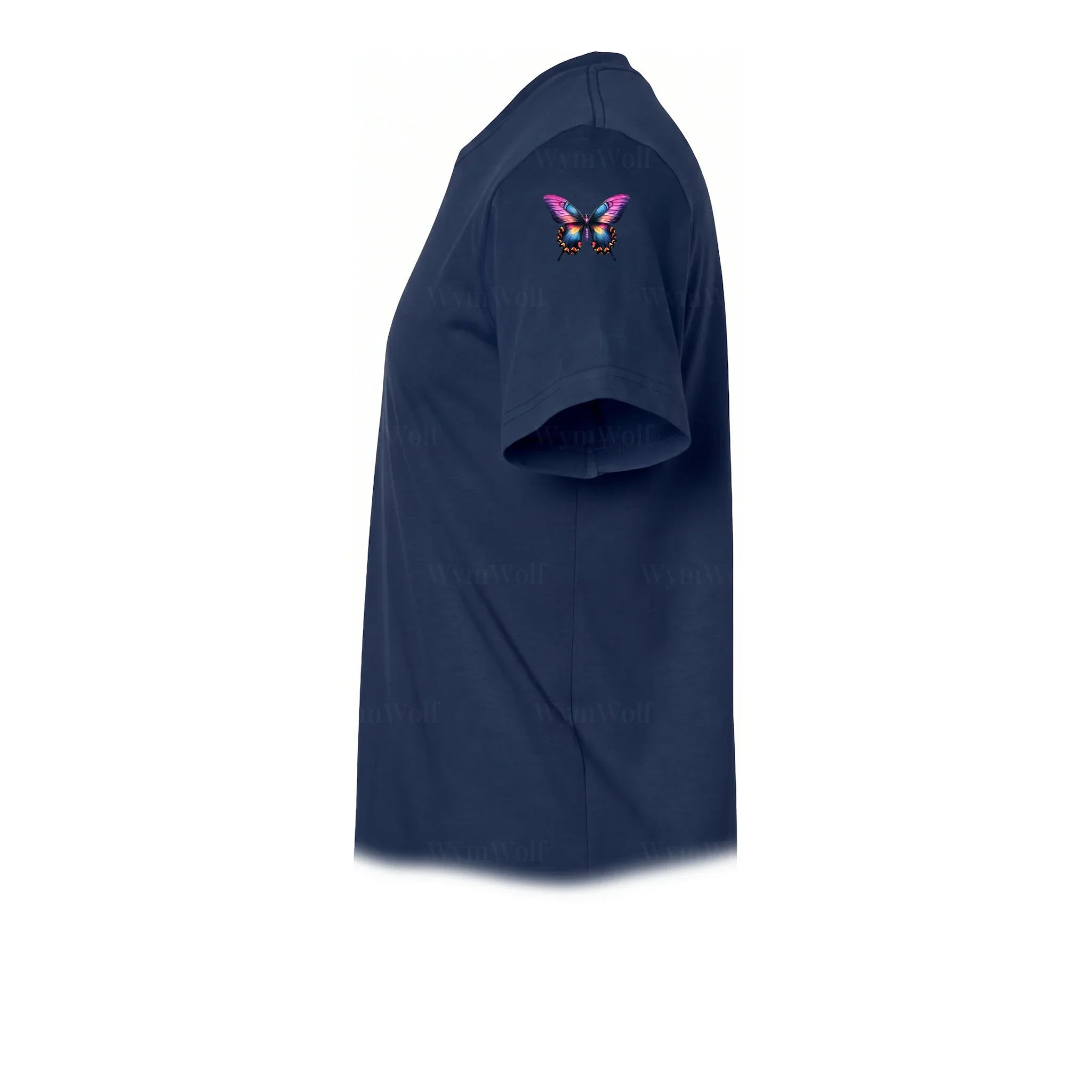 Un T-shirt marine à manches courtes et col rond, orné d'un motif représentant un arthropode sur le haut de la manche gauche.
