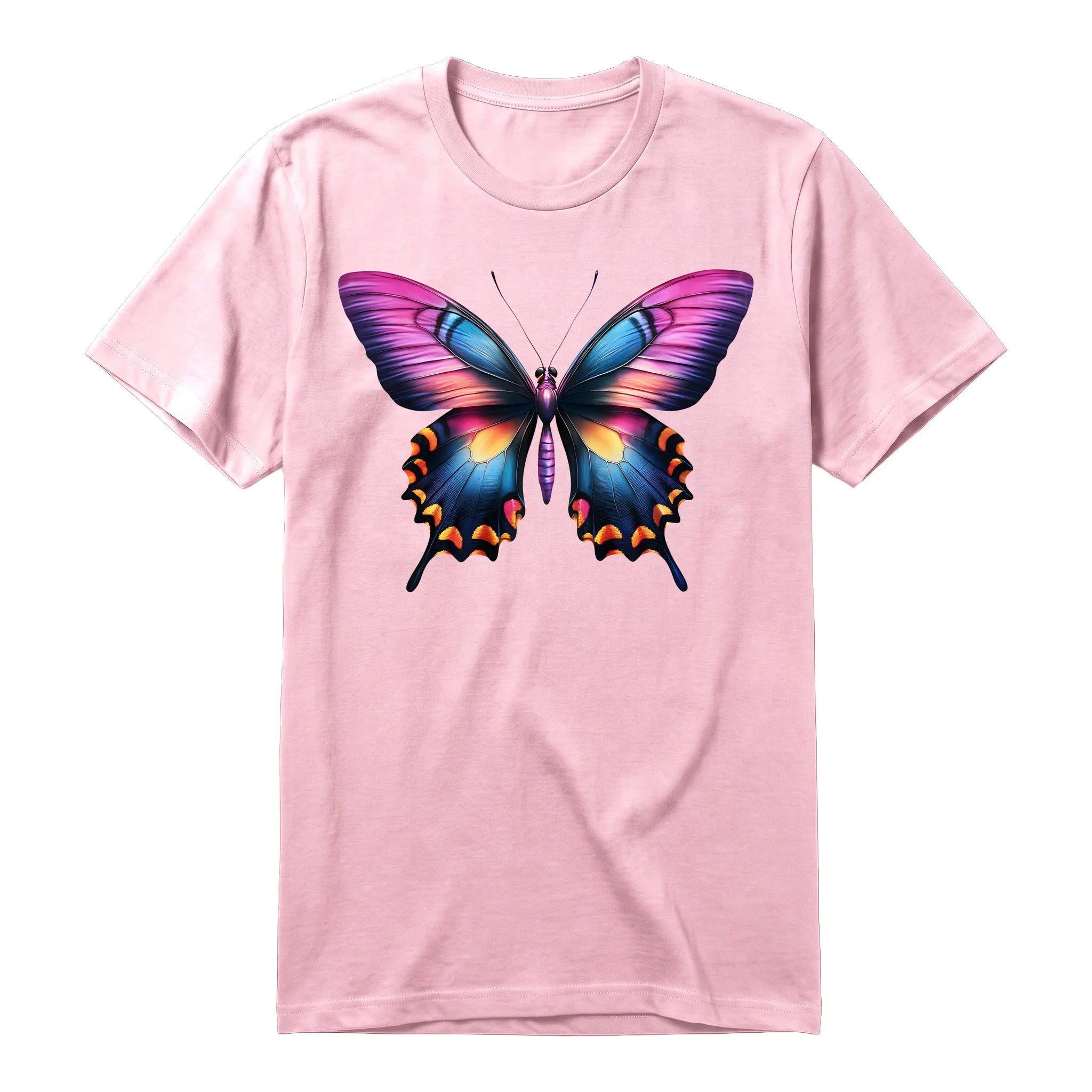 Un T-shirt rose à manches courtes et col rond, orné d'un motif représentant un arthropod sur le devant.
