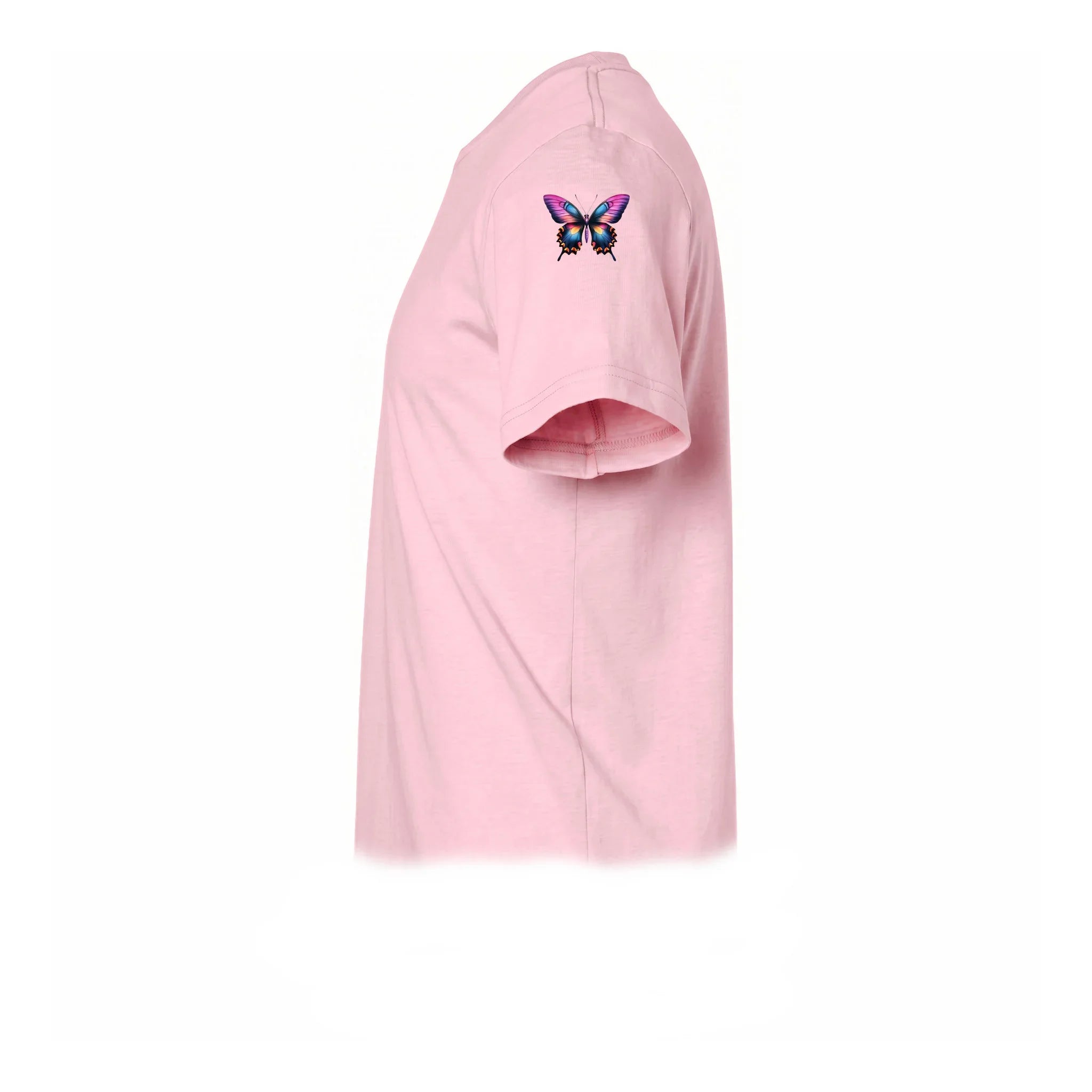 Un T-shirt rose à manches courtes et col rond, orné d'un motif représentant un arthropode sur le haut de la manche gauche.