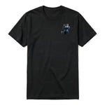 A black short-sleeve crewneck t-shirt for adult featuring a graphic of a cat on the left chest.