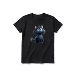 A black short-sleeve crewneck t-shirt for youth featuring a graphic of a cat on the front.