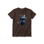 A chocolate short-sleeve crewneck t-shirt for youth featuring a graphic of a cat on the front.
