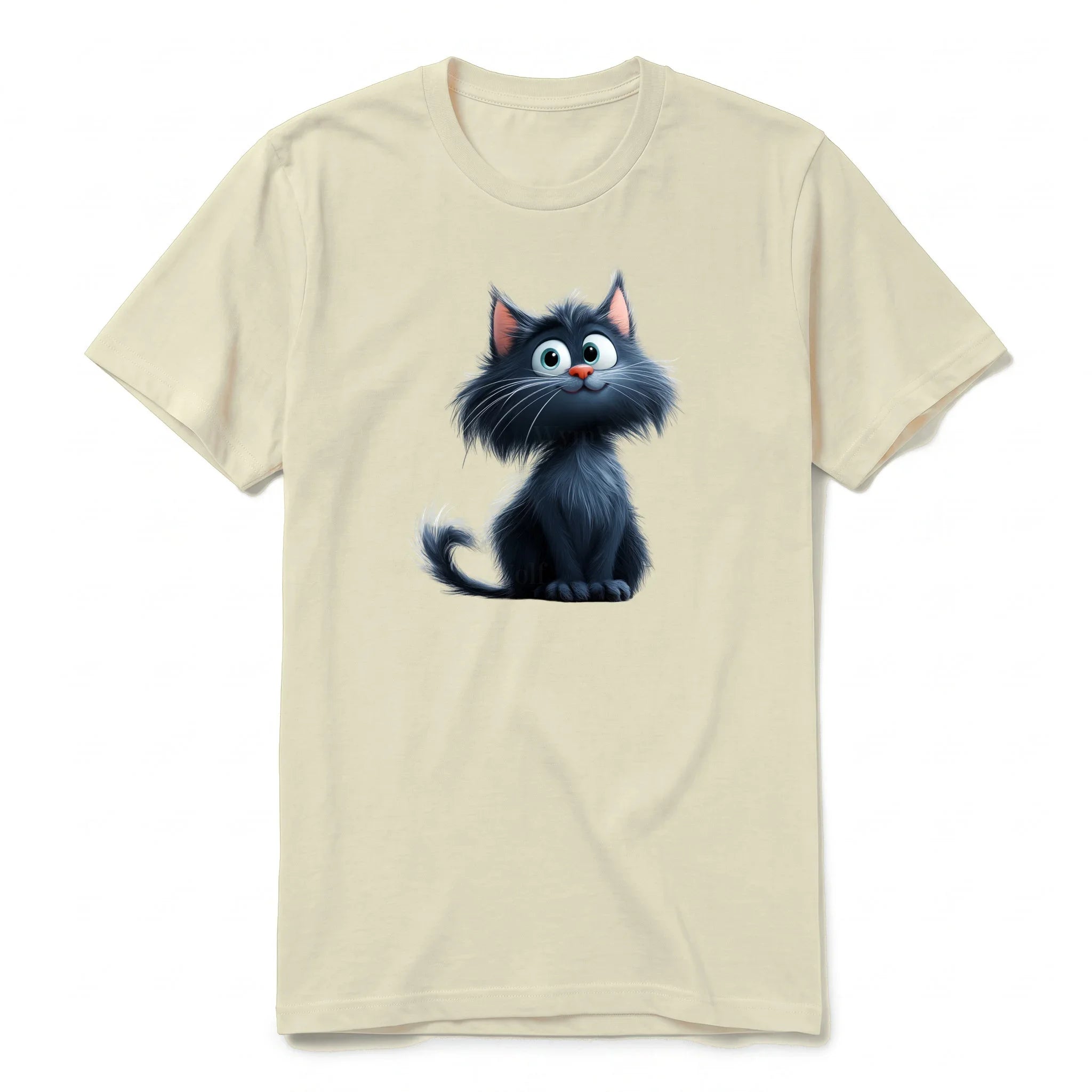 A latte short-sleeve crewneck t-shirt for adult featuring a graphic of a cat on the front.