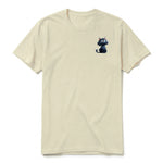 A latte short-sleeve crewneck t-shirt for adult featuring a graphic of a cat on the left chest.