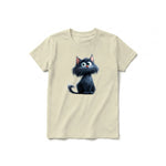 A latte short-sleeve crewneck t-shirt for youth featuring a graphic of a cat on the front.