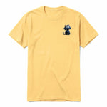 A mustard short-sleeve crewneck t-shirt for adult featuring a graphic of a cat on the left chest.