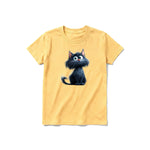 A mustard short-sleeve crewneck t-shirt for youth featuring a graphic of a cat on the front.