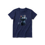 A navy short-sleeve crewneck t-shirt for youth featuring a graphic of a cat on the front.