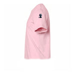 A pink short-sleeve crewneck t-shirt  featuring a small graphic of a cat on the upper left sleeve.
