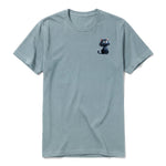 A sage short-sleeve crewneck t-shirt for adult featuring a graphic of a cat on the left chest.