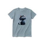 A sage short-sleeve crewneck t-shirt for youth featuring a graphic of a cat on the front.